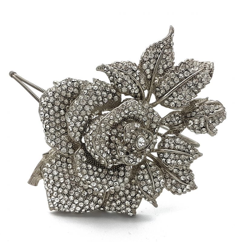 Rhodium Silver Rose Bridal Headband