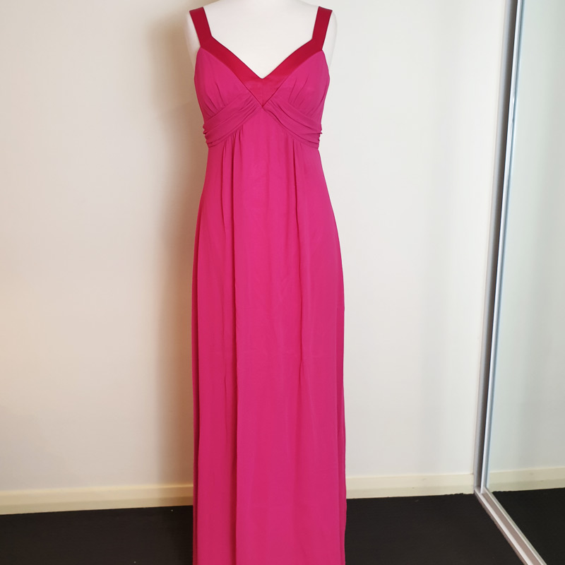 Pink chiffon long evening dress with satin trim