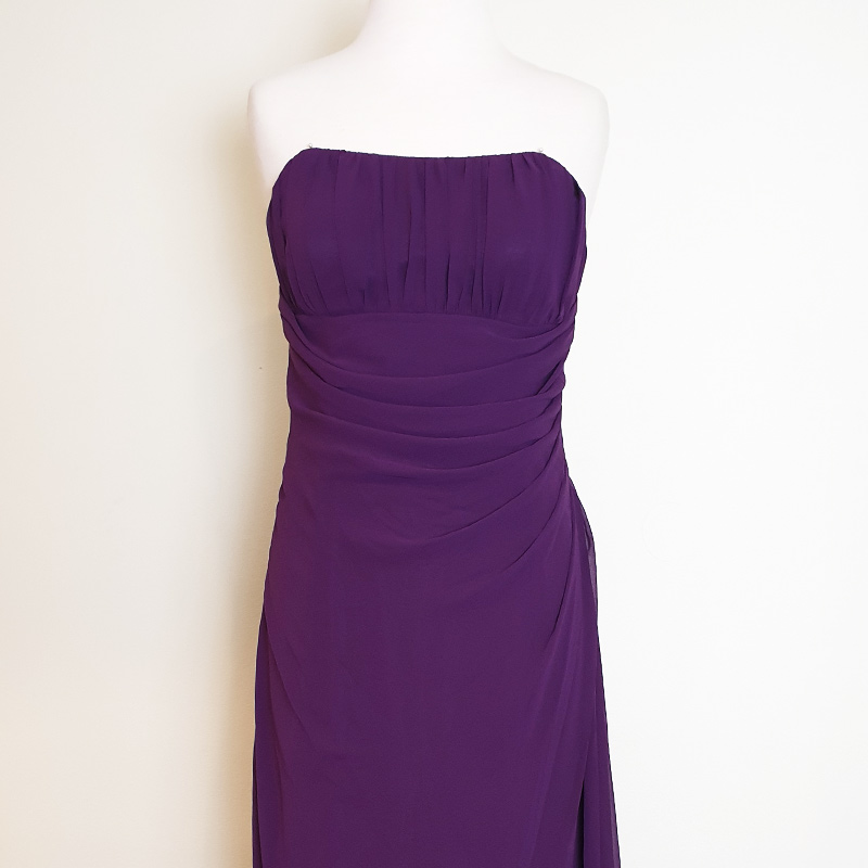 Purple chiffon strapless long evening gown