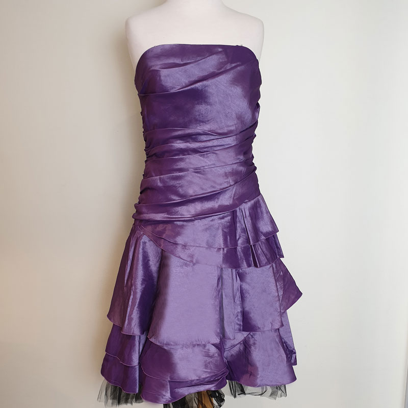 Purple pleated taffeta cocktail dress