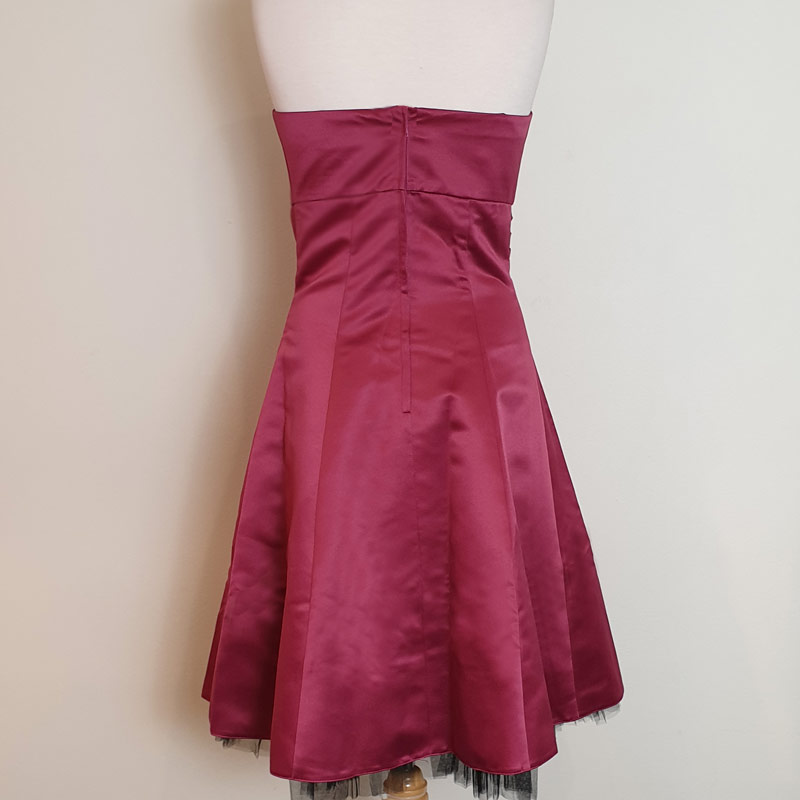 rouge satin strapless cocktail dress