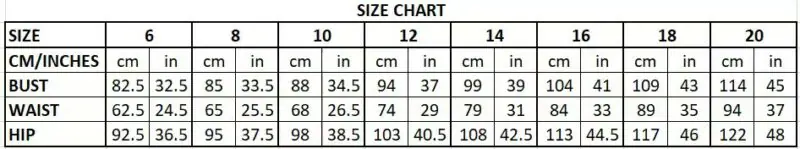 Evening dress size chart