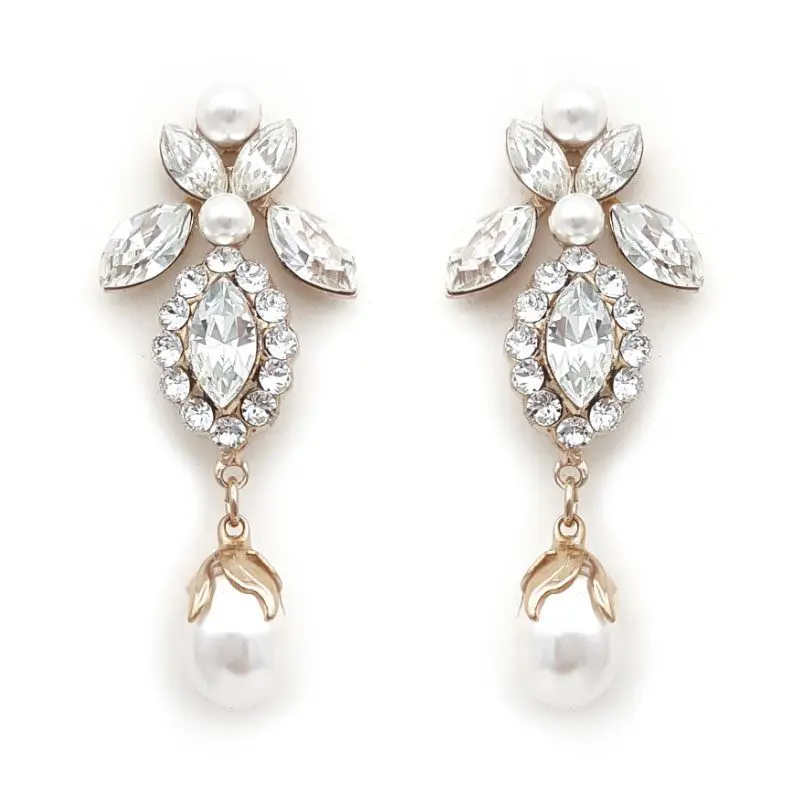 gold pearl and crystal bridal earrings