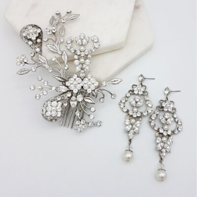 swarovski crystal and pearl hair comb and earring set