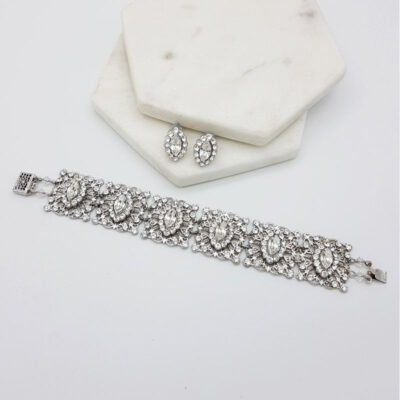silver crystal stud and bracelet set