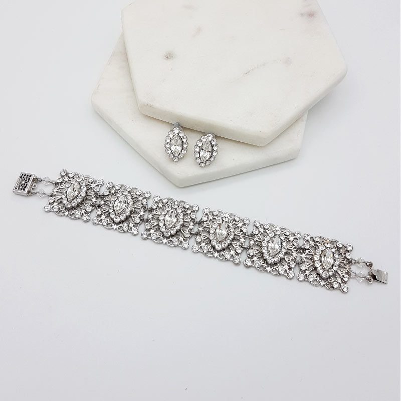 silver crystal stud and bracelet set