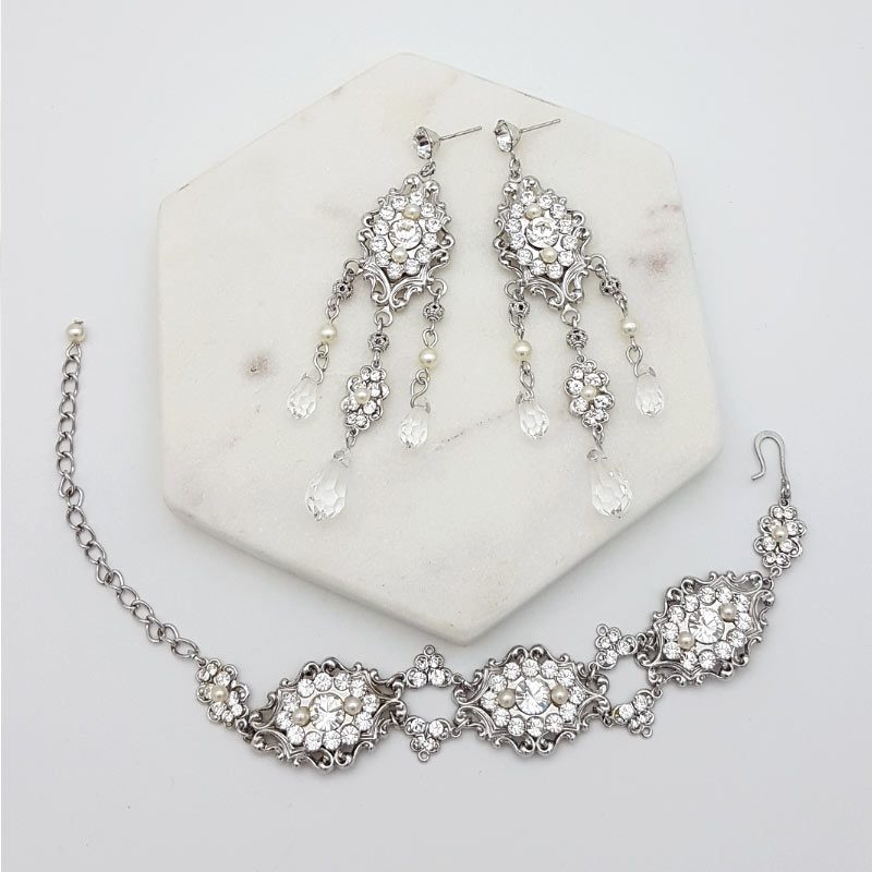 swarovski pearl and crystal bridal bracelet earring set