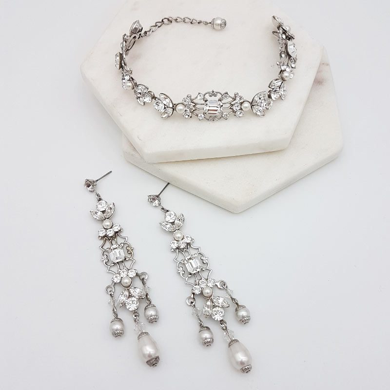 Swarovski pearl and crystal chandelier aearring and bracelet set