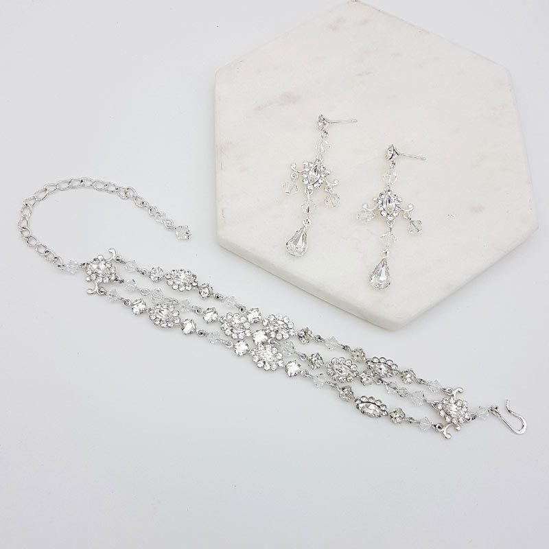 silver swarovski earring and bridal bracelet set