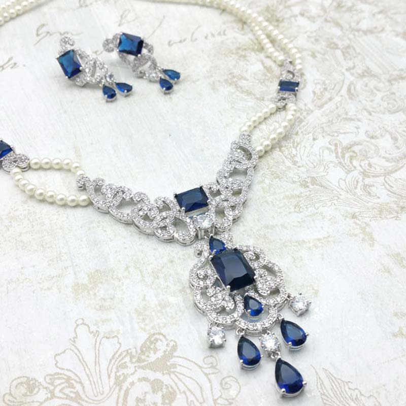 Blue Necklace with CZ and Pearl - Alice - CHMN0203b