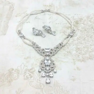 Clear CZ and Pearl necklace and earrings set - Alice - CHMN0203