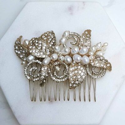 vintage gold pearl hair comb