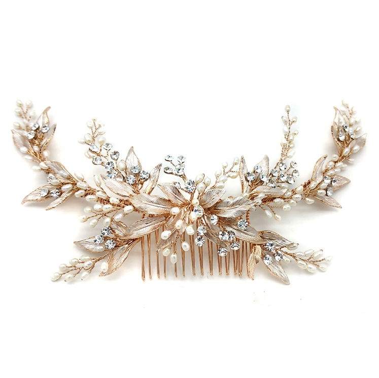 Rose gold leaf and pearl hair comb