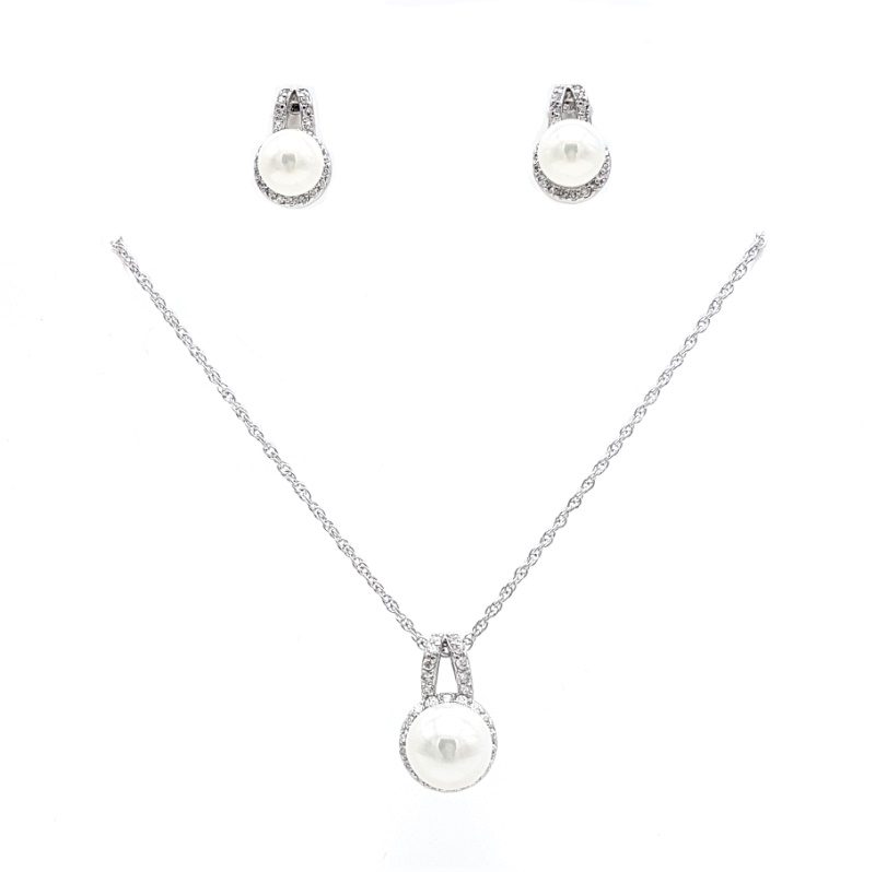 Silver pearl drop necklace set