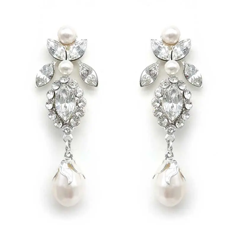 Silver crystal and pearl drop earrings