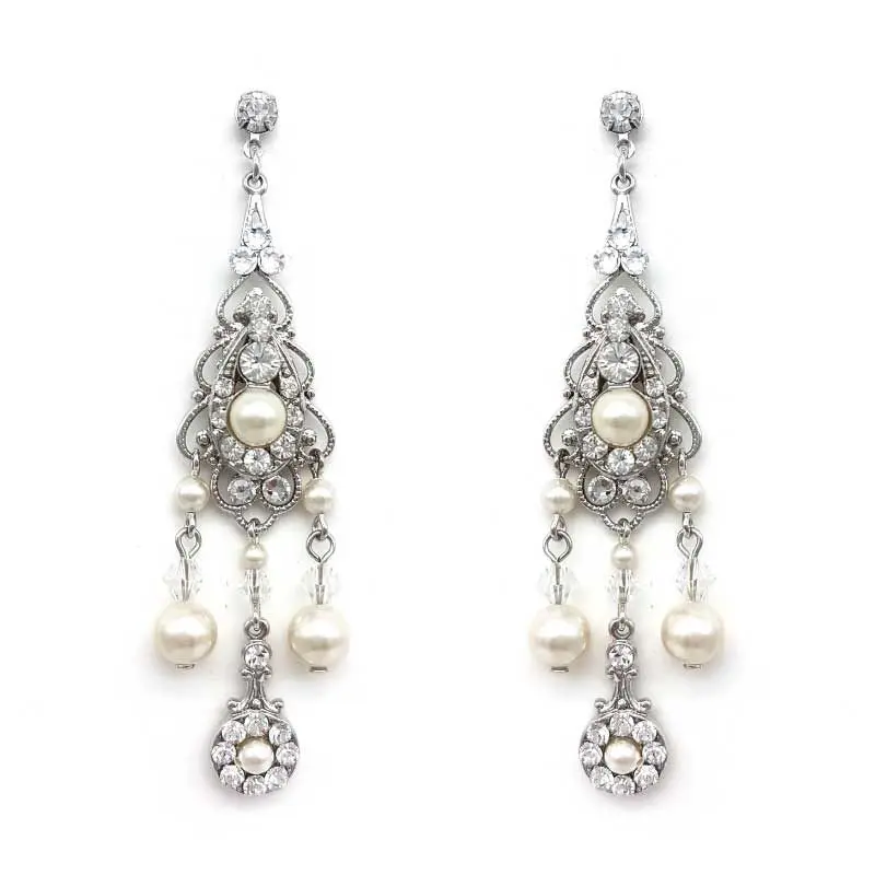 Large chandelier crystal and pearl earrings
