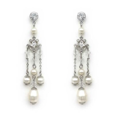 silver drop crystal and pearl earrings