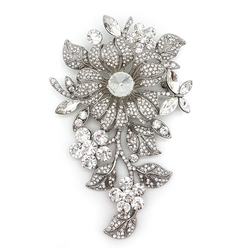 large silver floral diamante brooch