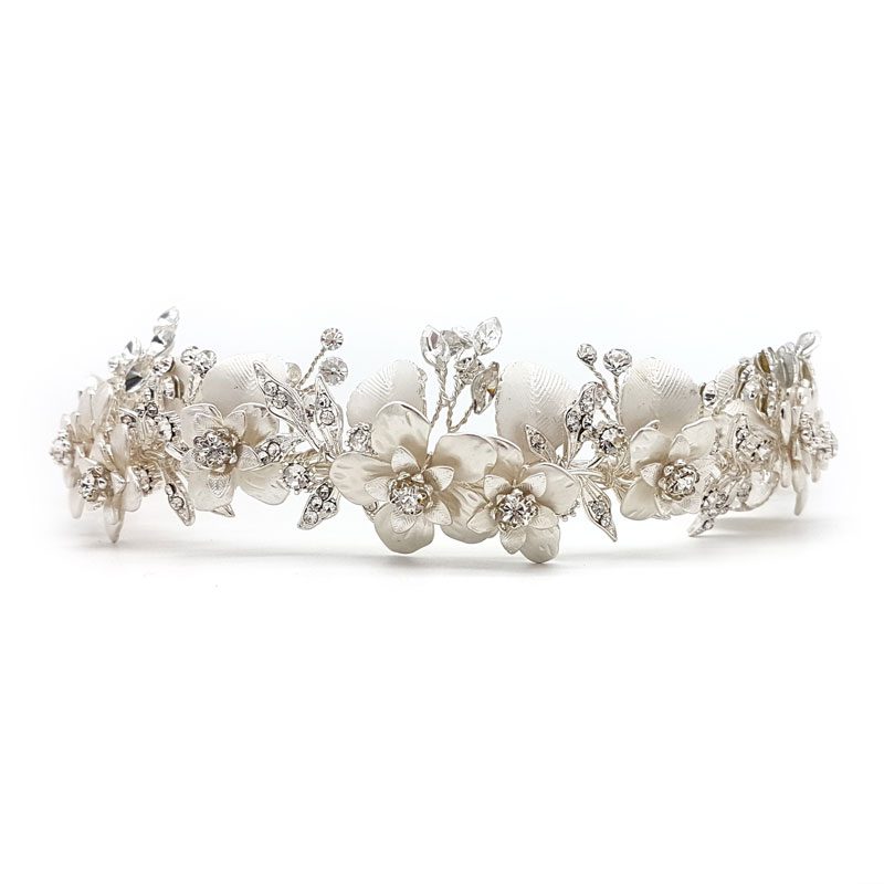 silver bridal crown and headband