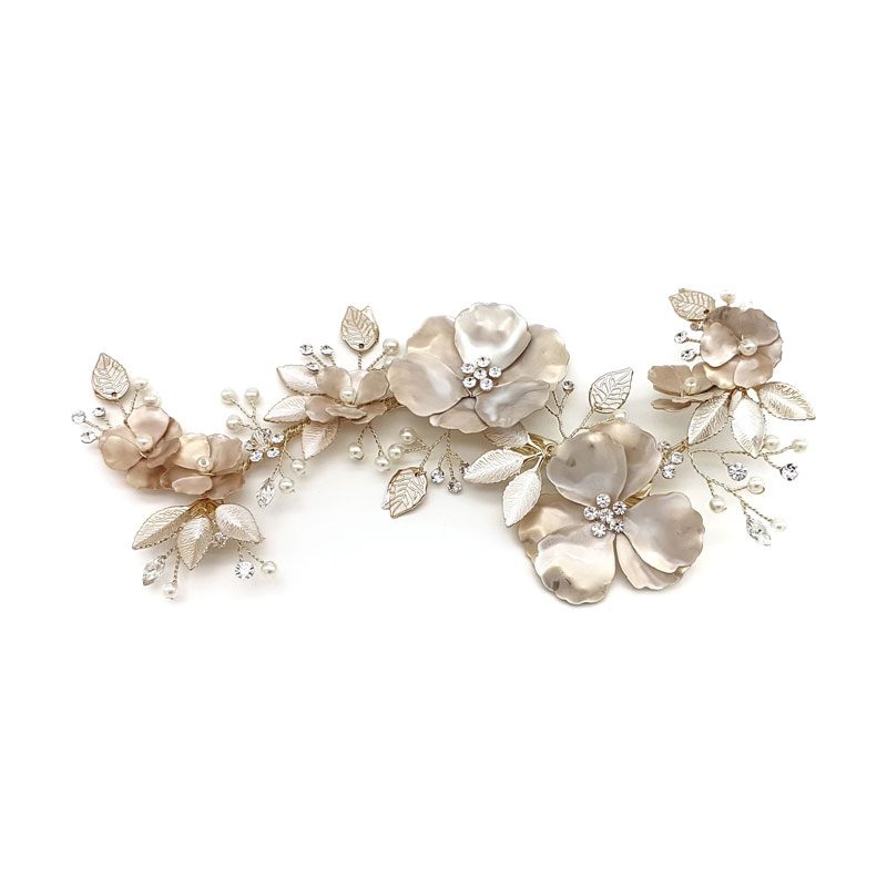 gold flower hair piece with pearl and crystal