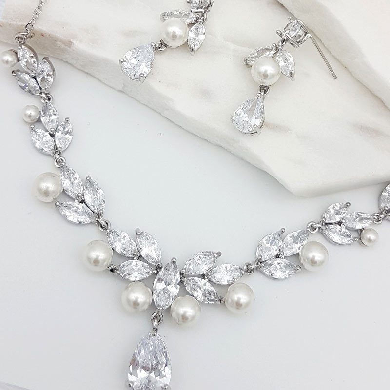 silver pearl and cz necklace set