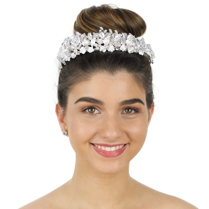 silver floral pearl and crystal bridal crown