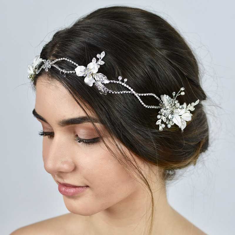 silver floral pearl and crystal hair vine headband