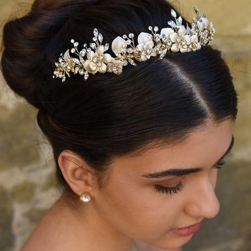 gold pearl and crystal floral headband or crown