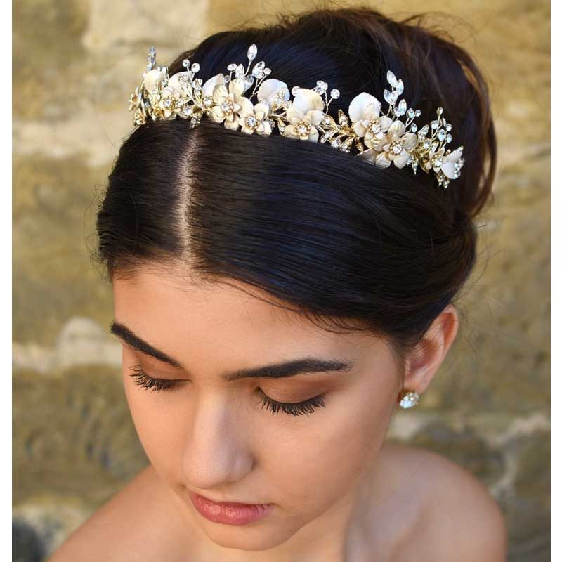 gold floral crystal hair crown or headband