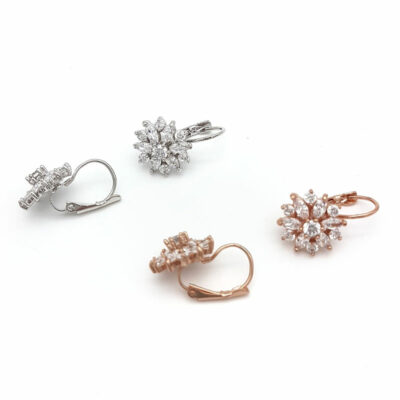 silver or rose gold cz floral bridal earrings