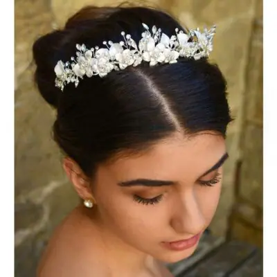 silver floral pearl and crystal hair crown