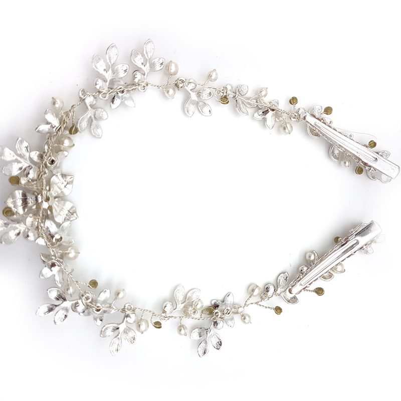 silver floral pearl and crystal bridal hair vine