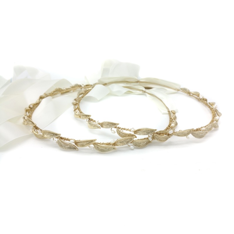 champagne gold olive leave and pearl wedding stefana