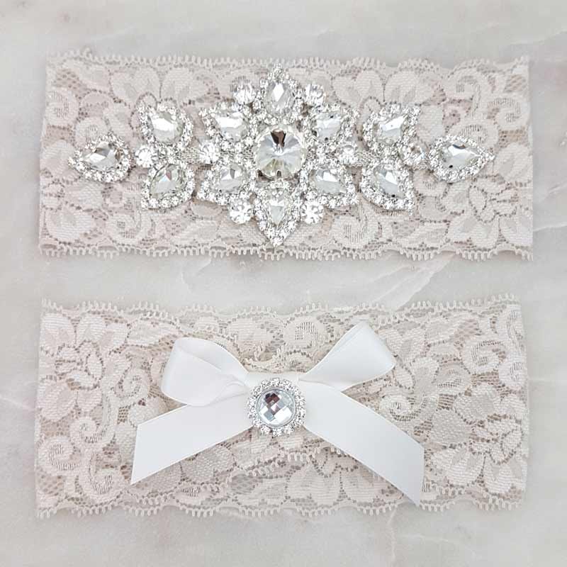 latte lace garter set with crystal and pearl detailing