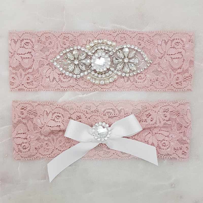 dusty pink bridal garter set with crystals and pearls