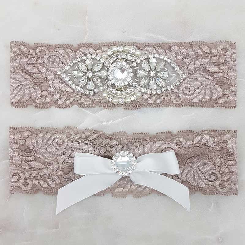 mocha lace with crystal and pearl garter set