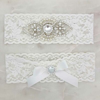 white lace and crystal bridal garter set