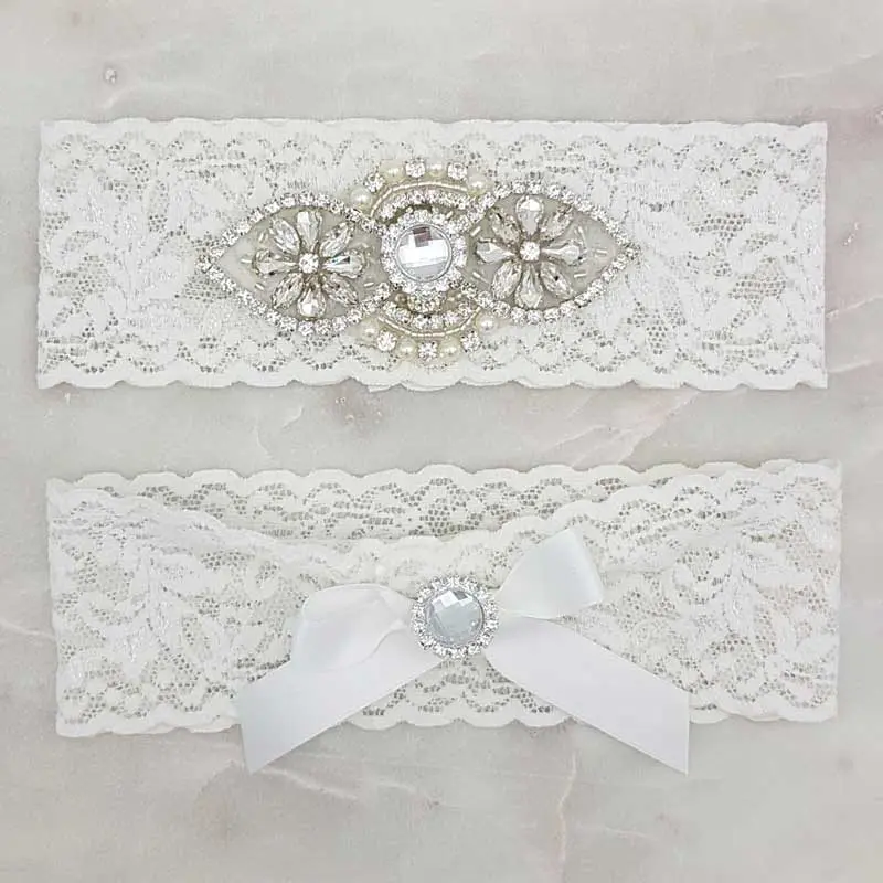 white lace and crystal bridal garter set