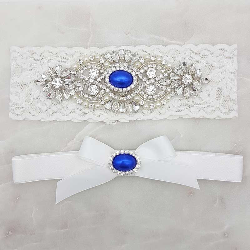 dark blue pearl and crystal bridal garter set on lace