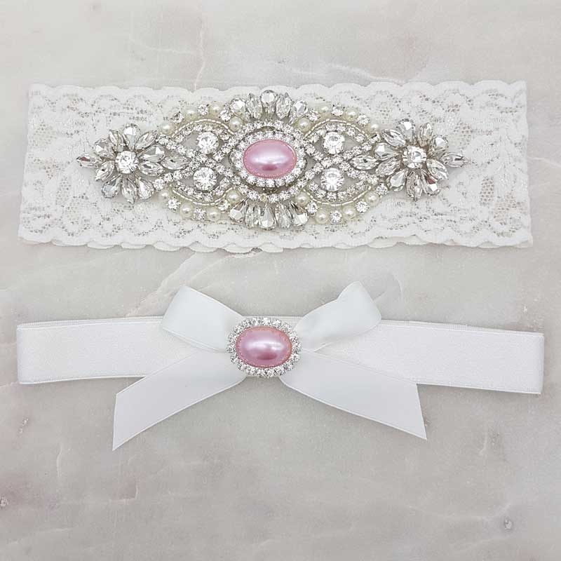 pink pearl and crystal lace bridal garter set