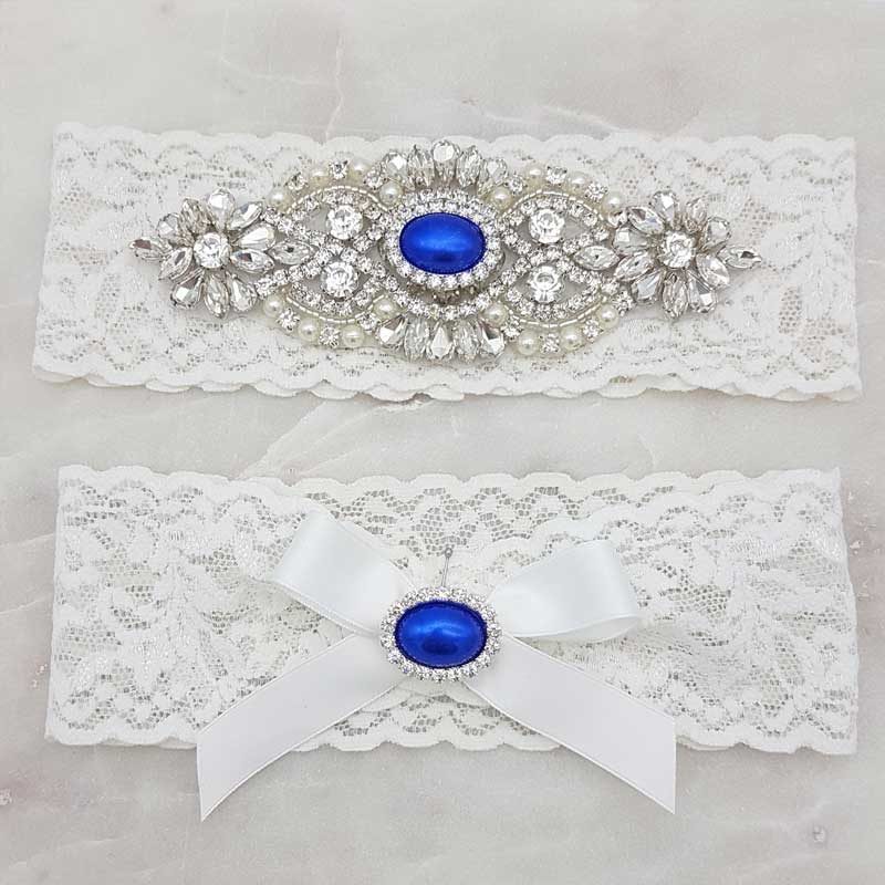 lace garter set with blue pearls and crystals