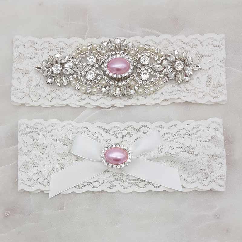 lace garter set with pink pearls and crystals