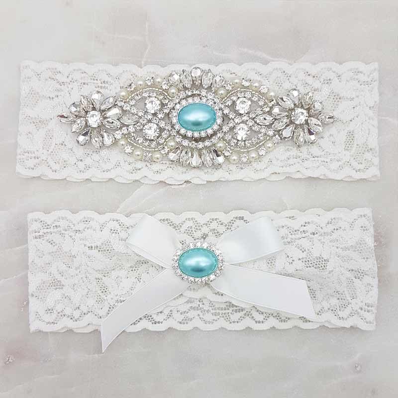blue and white garter set with blue pearls and crystals