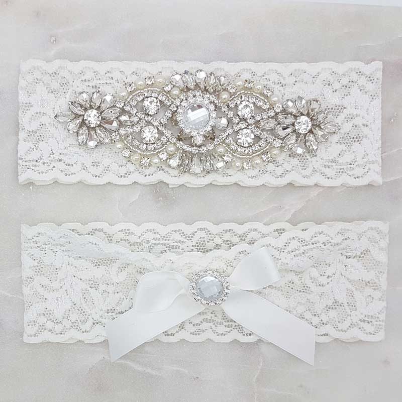 white lace garter set with crystals and rhinestones