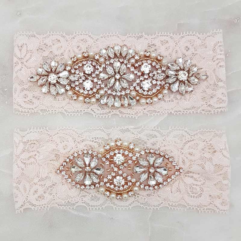 blush lace with rose gold crystal and pearls