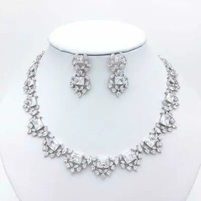 silver cz collar bridal necklace and earring set