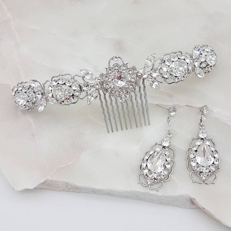 swarovski crystal hair comb and earring set