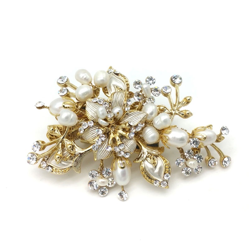Gold crystal and pearl brooch and hair clip