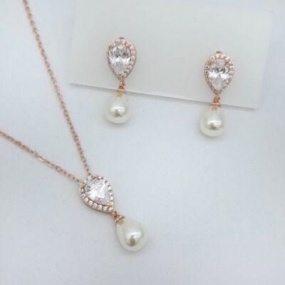 Rose gold pearl drop necklace set