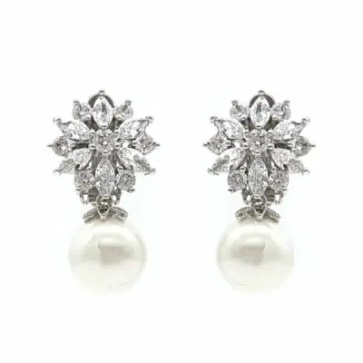 silver pearl clip on drop earrings